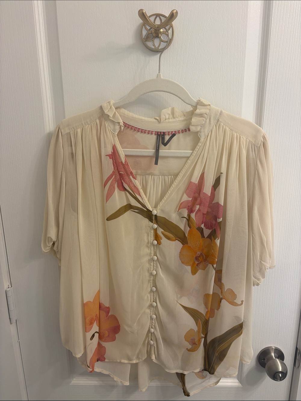 Anthropologie Cream Floral V-Neck Sheer Blouse with Pink & Orange Flowers